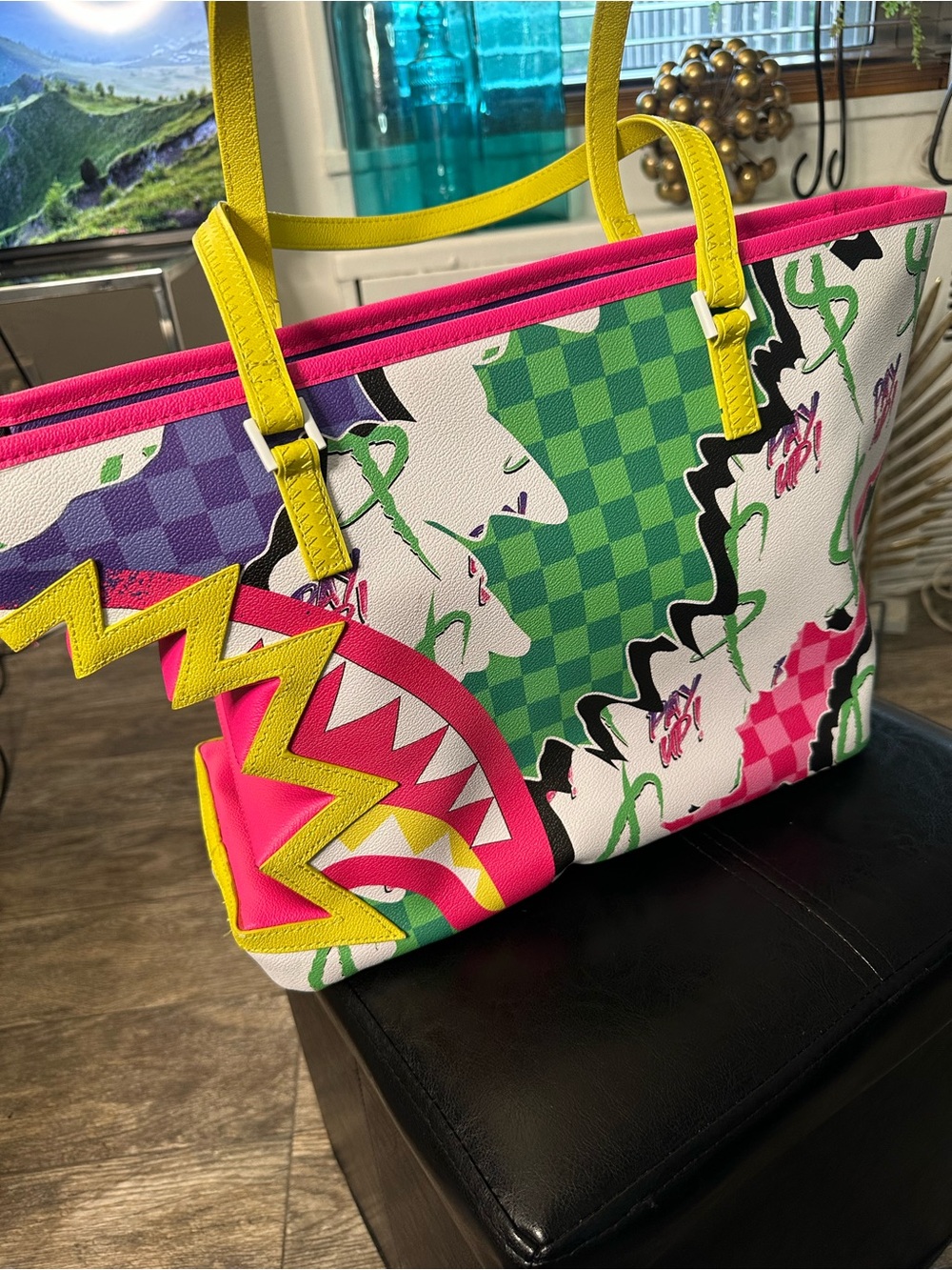 Sprayground Limited Edition Shark Mouth Tote Bag Neon Pink Green Purple NWT - Picture 3 of 12